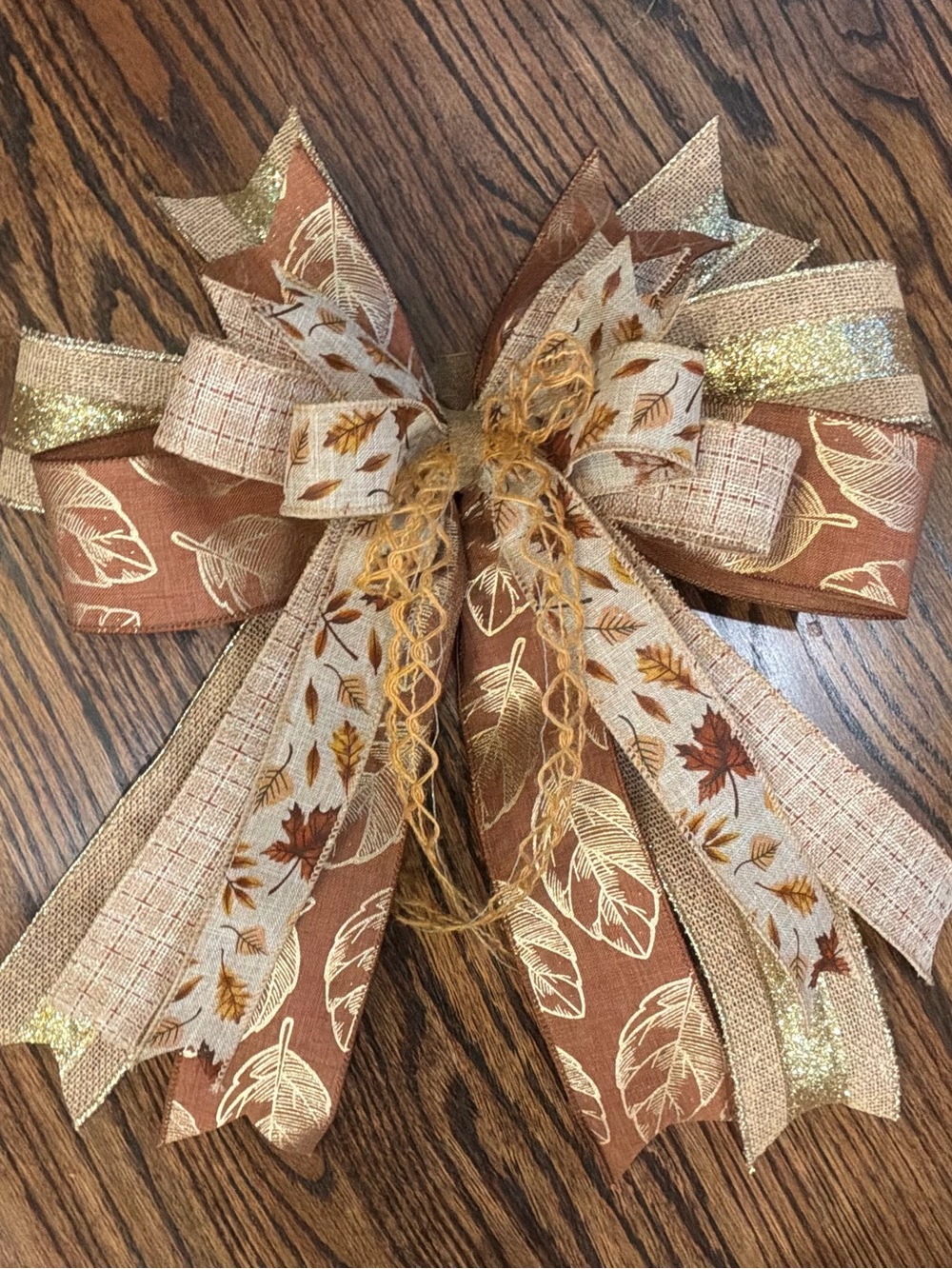 Autumn Leaf Burlap Bow Wreath Accent - Brown & Gold